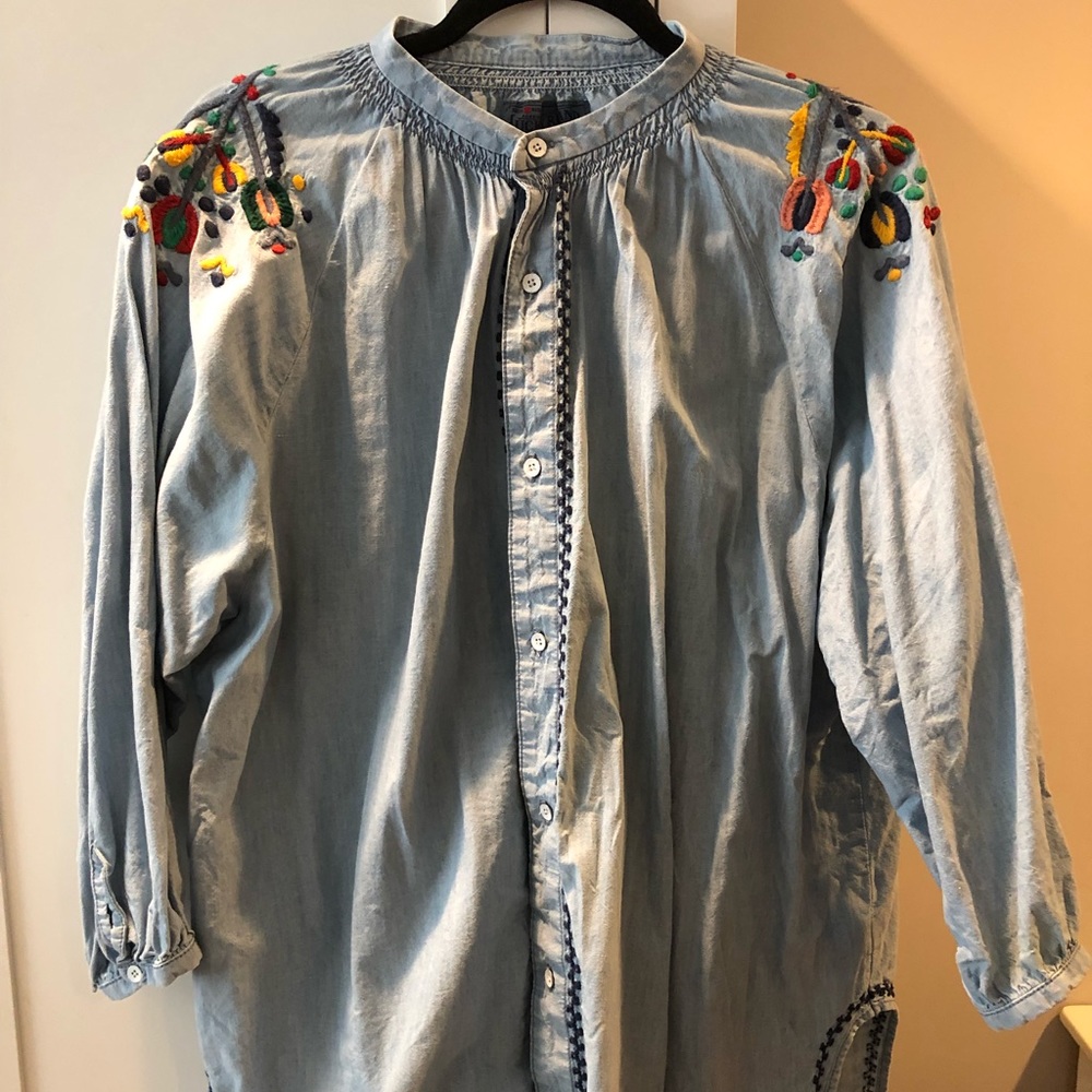 Lucky Brand Long Embroidered Chambray Blouse